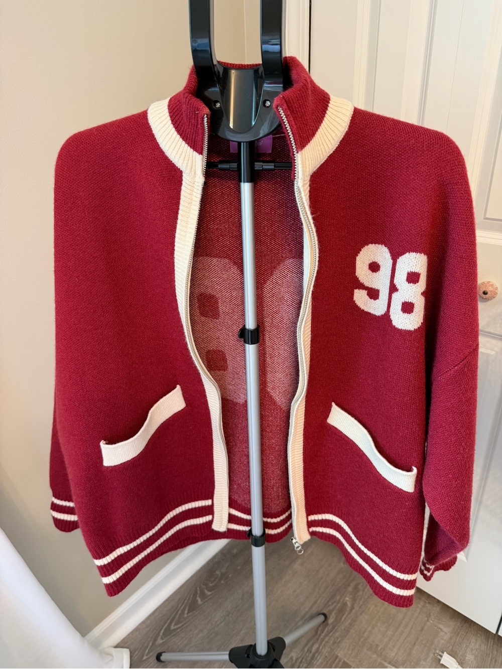 Edikted Red Knit Zip Cardigan with Cream Trim